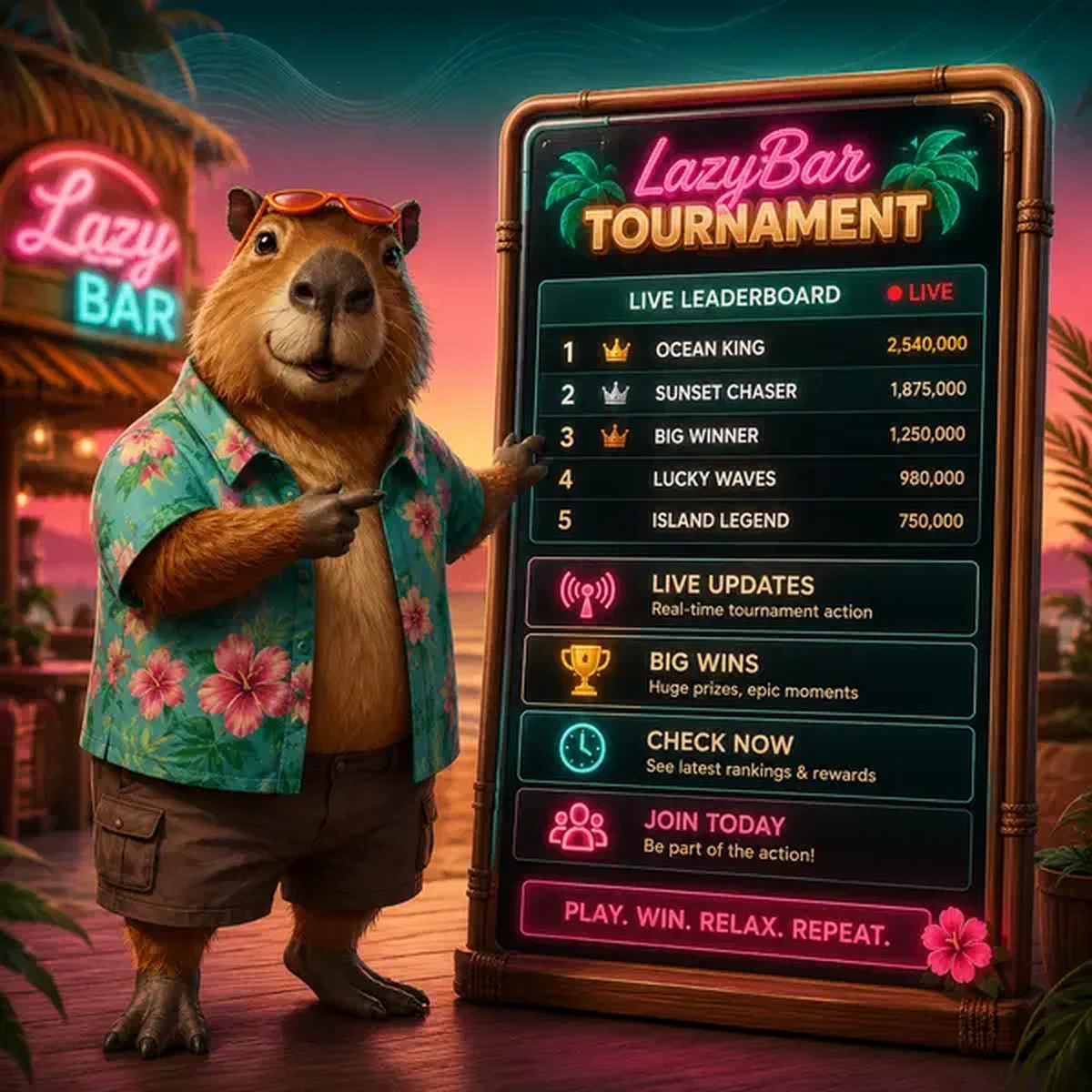 Capybara-host presenteert live casino leaderboard op LazyBar Tournament met wekelijkse rankings