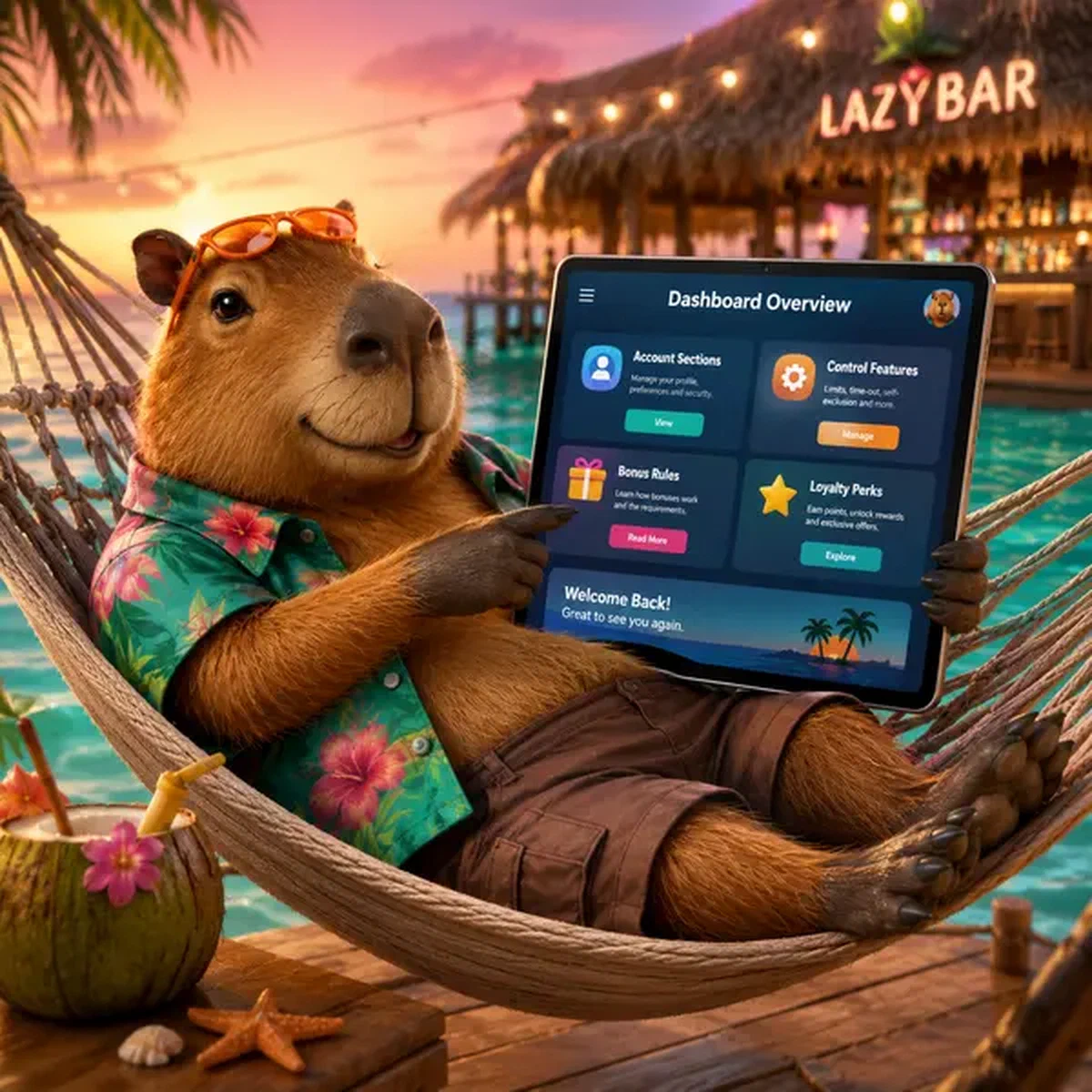 Ontspannen capybara op hangmat toont login dashboard bij Dashboard Overzicht voor Terugkerende Spelers