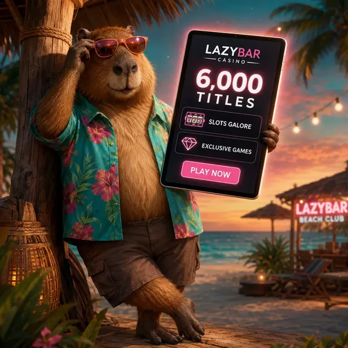 LazyBar Casino Games tablet gloeit terwijl capybara door 6.000 gokkasten bladert in tropisch paradijs