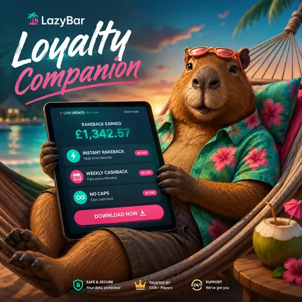 LazyBar app-meldingen gloeien terwijl capybara ontspant met mobiele loyaliteitsbeloningen