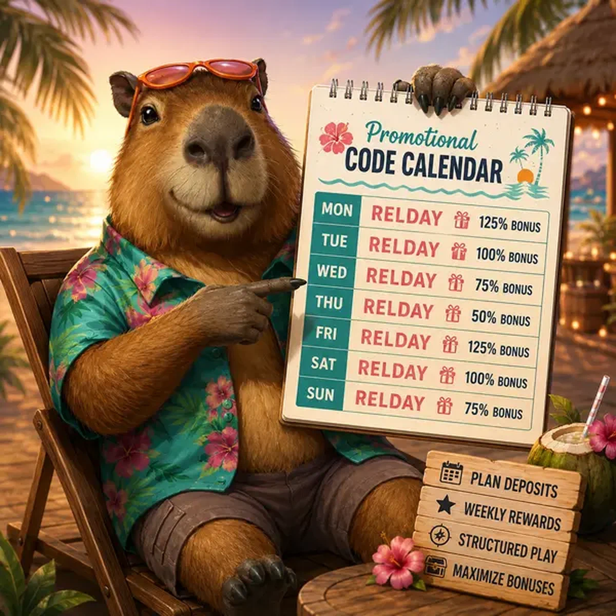 Ontspannen capybara presenteert promocodekalender in LazyBar's tropisch paradijs