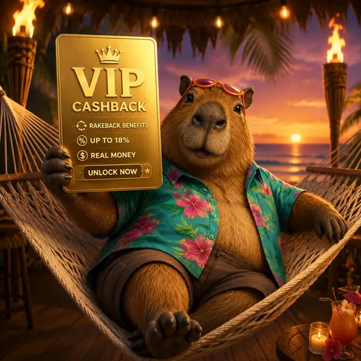 Ontspannen capybara met VIP-kaart op strandlounge, viert 18% rakeback bonusbeloningen