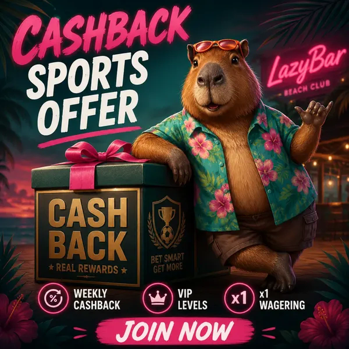 LazyBar Capybara leunend op prijsbox bij sportweddenschappen cashback lounge