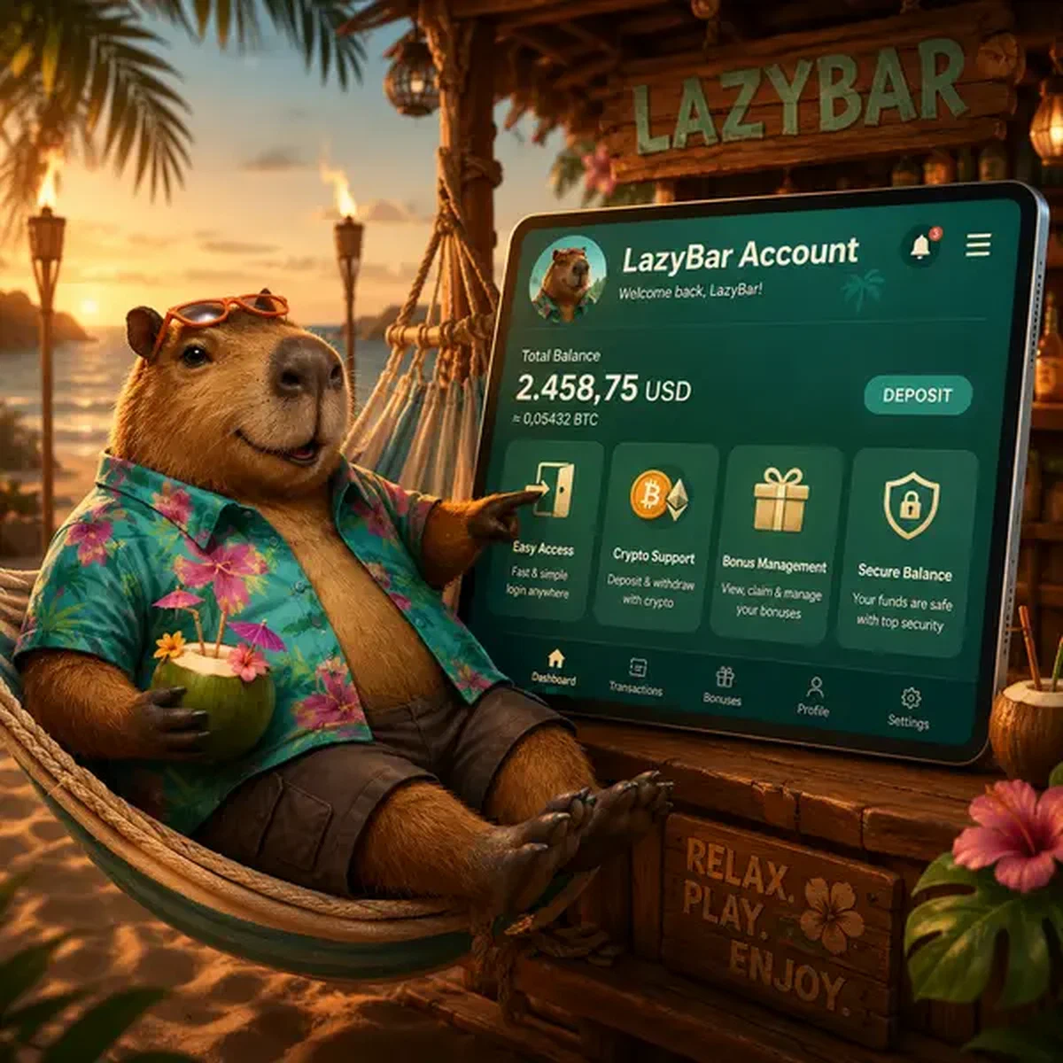 Panel de cuenta personal de LazyBar brillando mientras capibara relajado gestiona saldo seguro