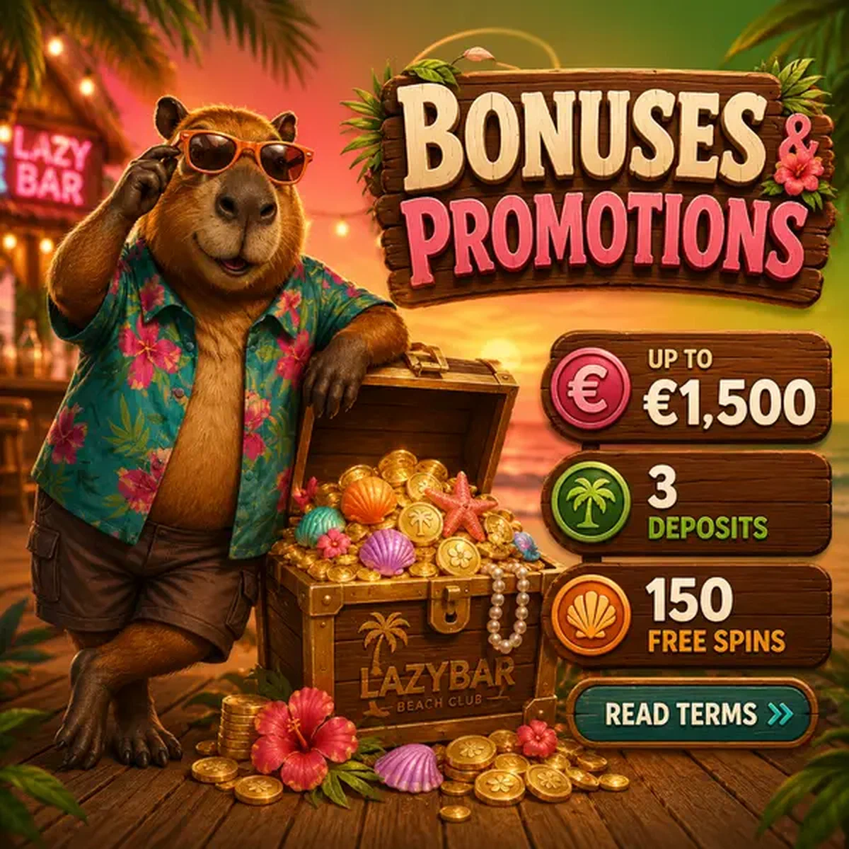 LazyBar Bonussen welkomstbonus kist overloopend met tropische schat en gouden munten
