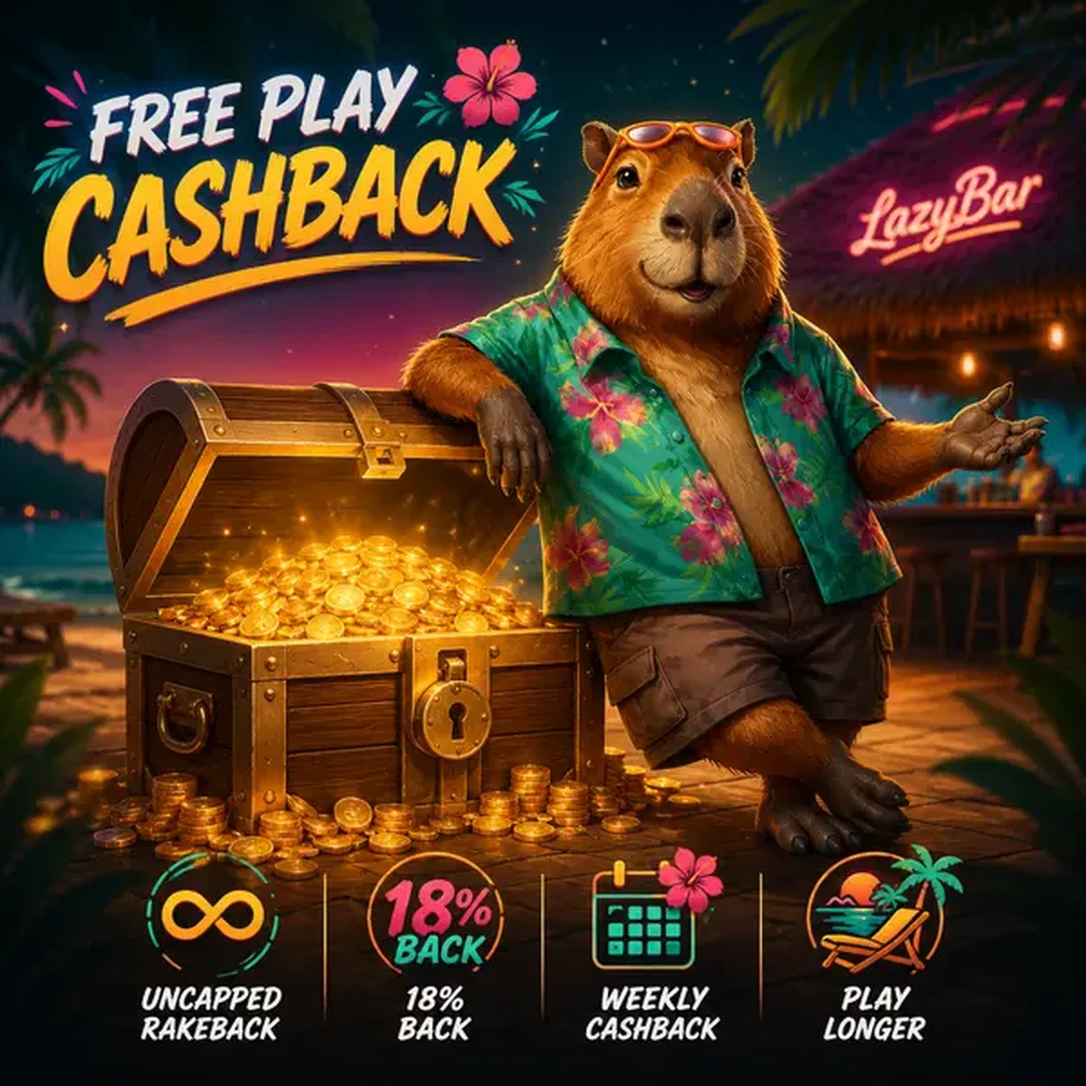 LazyBar capybara leunt tegen schatkist overloopend met gokkasten-spelbeloningen