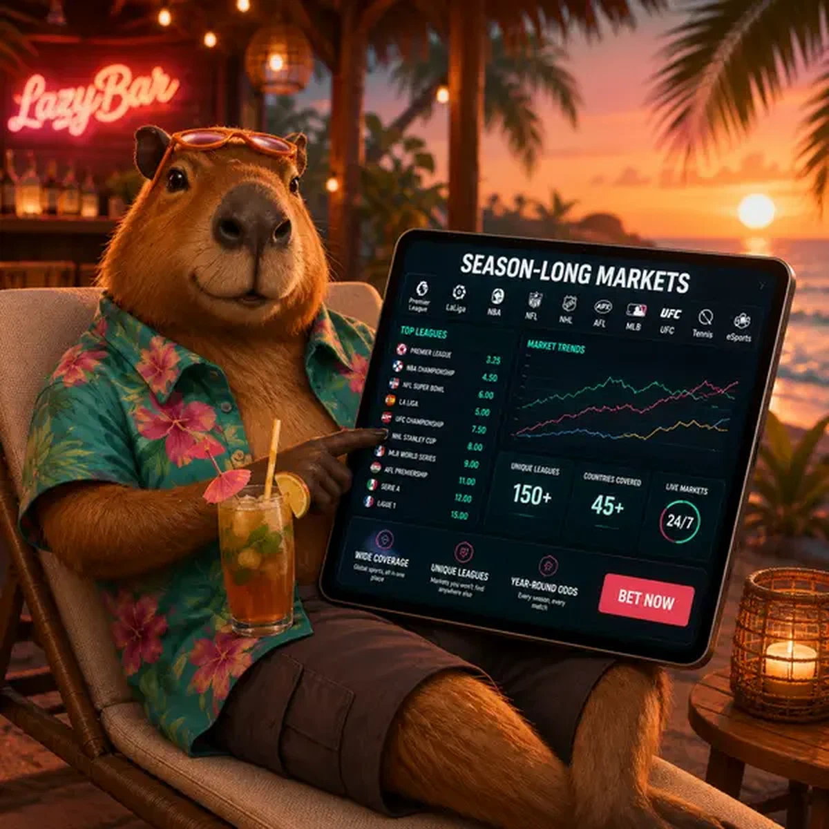 Capybara beoordeelt sportweddenschappen odds op tablet bij LazyBar sportsbook lounge