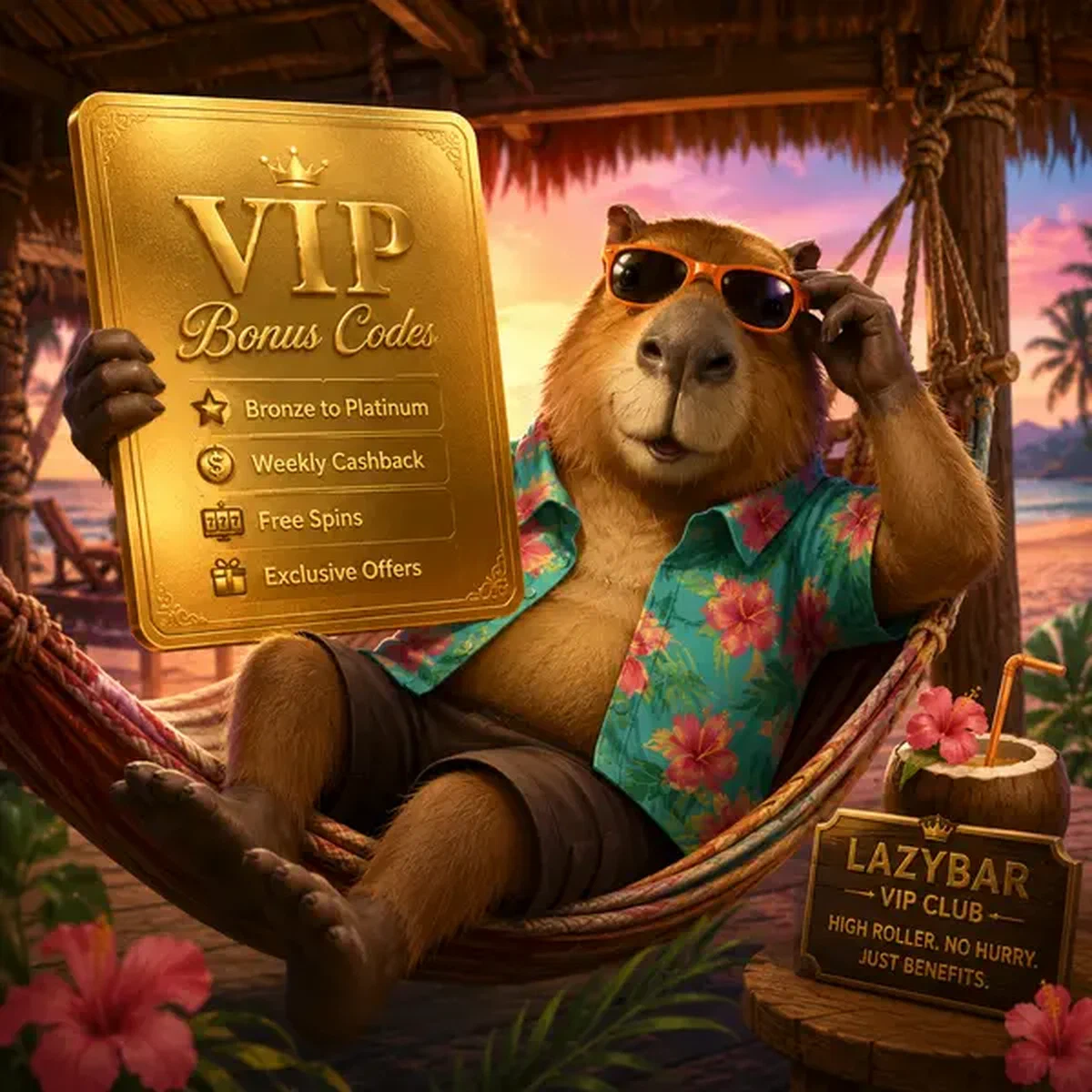 LazyBar Casino VIP promocode glinsterend op gouden kaart in tropisch paradijs
