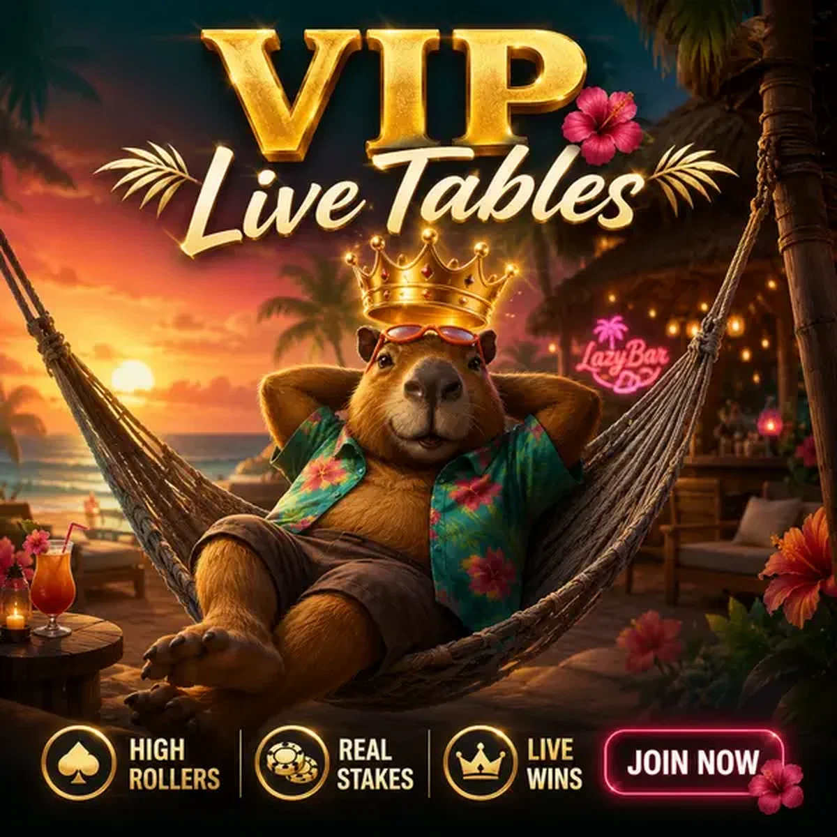 LazyBar Capybara ontspant in VIP-hangmat bij live casino met gouden kroon zwevend erboven