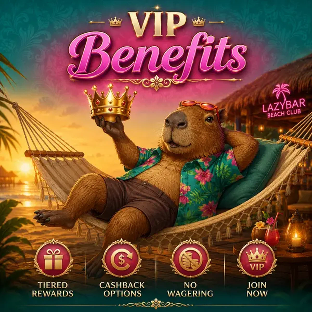 Ontspannen capybara toont VIP-voordelen terwijl hij loungt met gouden kroon bij exclusieve login portal