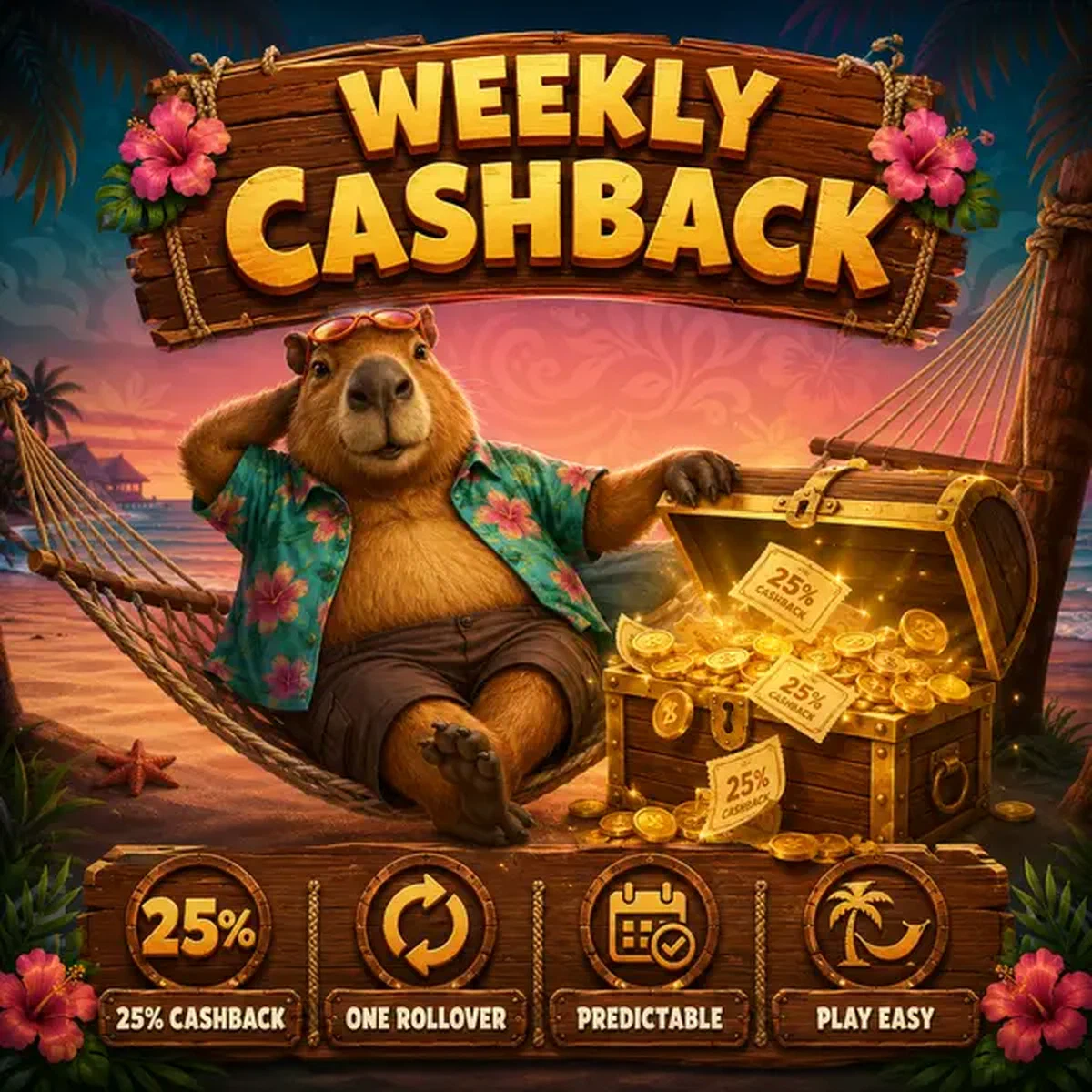 LazyBar Capybara loungt met wekelijkse cashback bonuskist overloopend met gouden munten