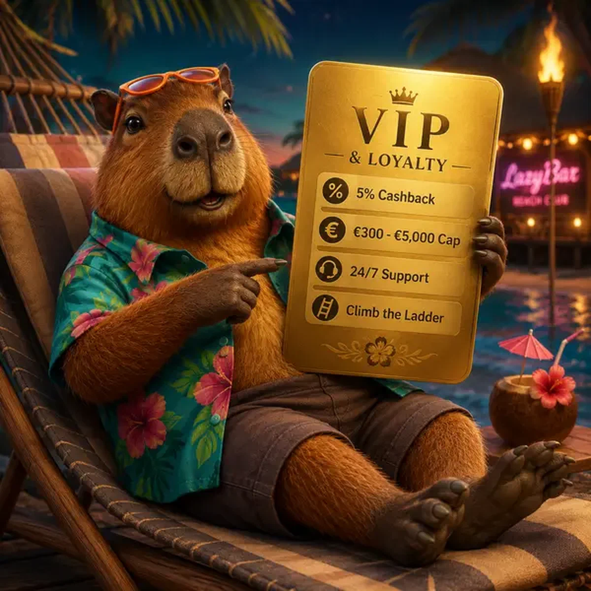 Ontspannen capybara onderzoekt VIP-loyaliteitskaart met bonusbeloningen bij LazyBar strandclub