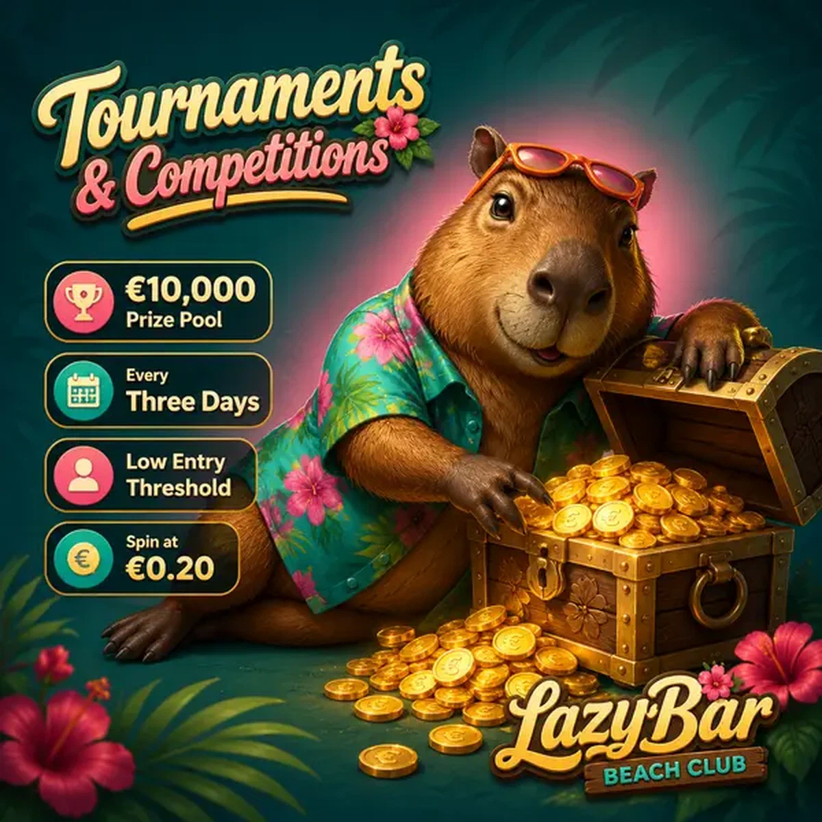 Ontspannen capybara ontdekt schatkist van toernooiprijzen bij LazyBar elke drie dagen