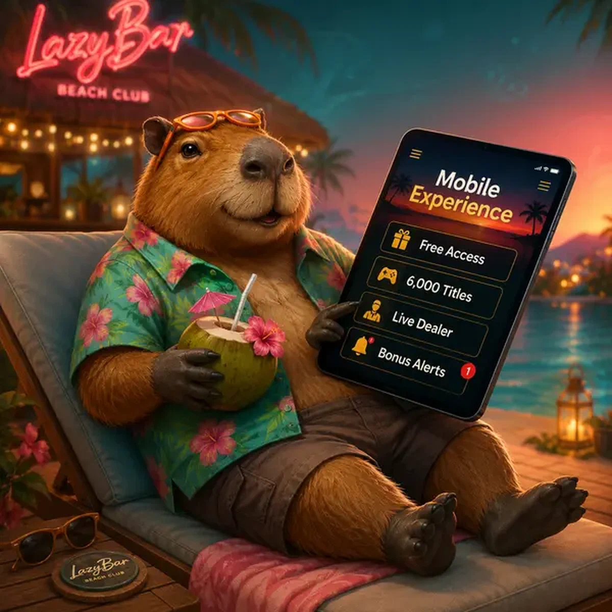 LazyBar capybara loungend met tablet die mobiele app-downloads toont bij strandclub