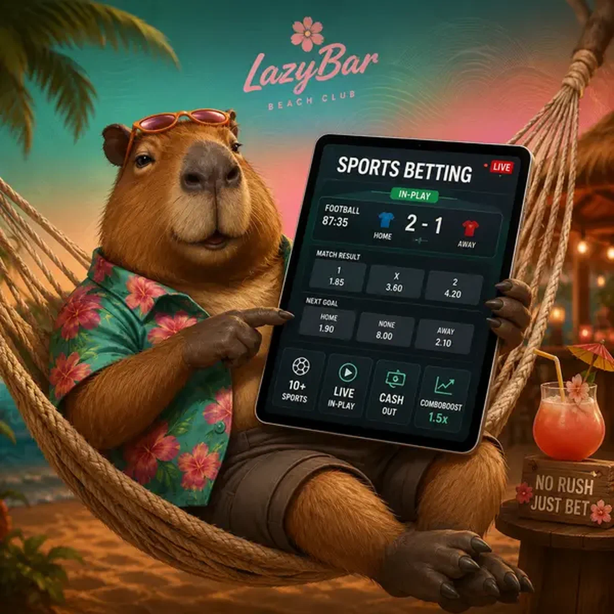 LazyBar Sportweddenschappen capybara ontspannend met live sportweddenschappen op tablet bij strandclub