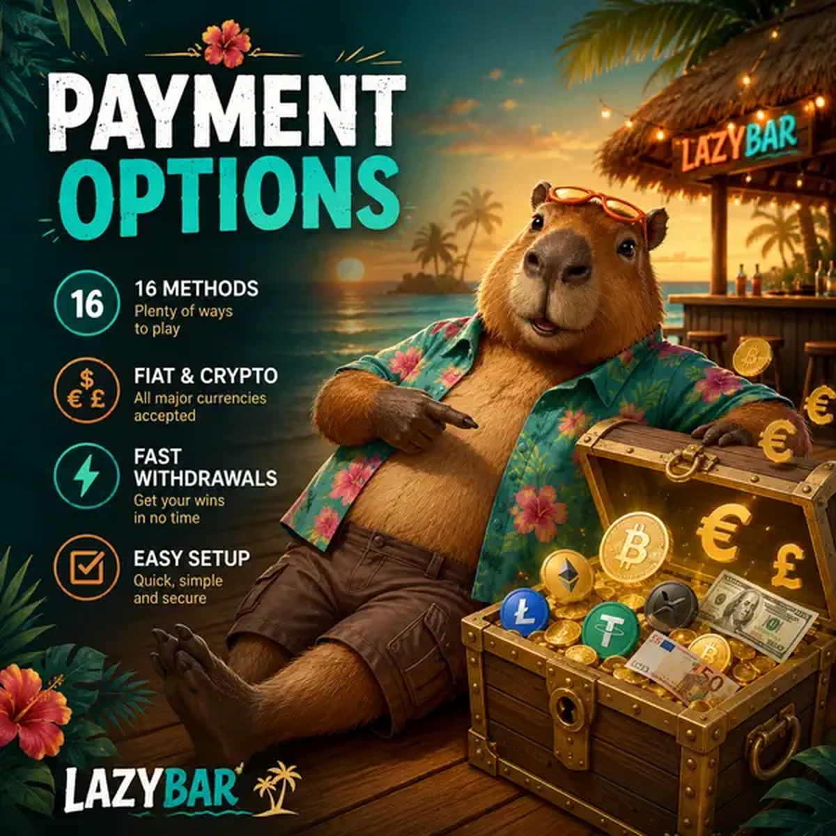 Capybara bij LazyBar verkent betalingsopties schatkist met crypto en fiat valuta's