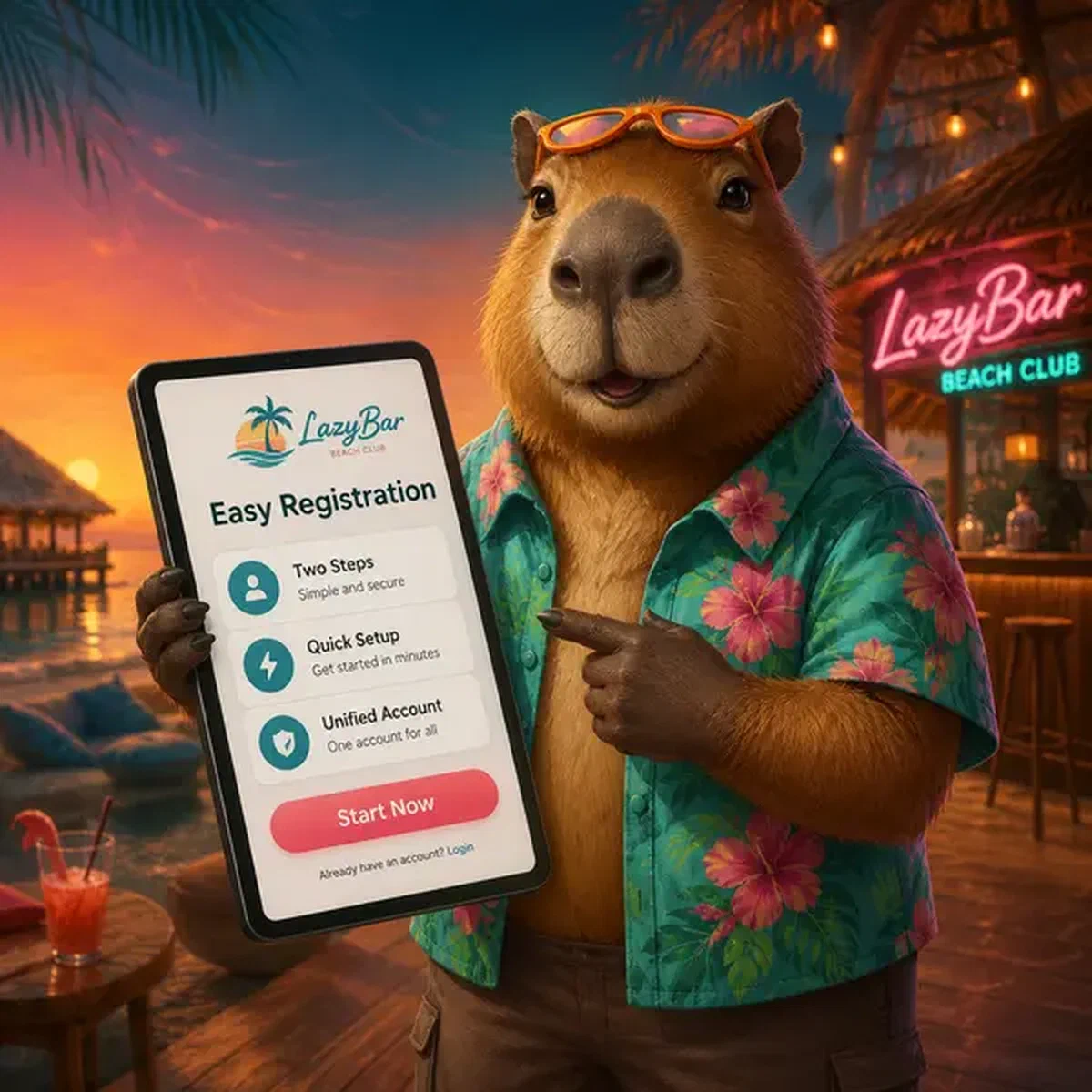 LazyBar capybara houdt tablet vast die eenvoudig registratieproces toont bij zonsondergang strandclub